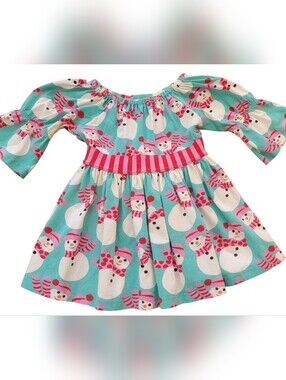 Kelly’s Kids Girls Size 3/4 Christmas Snowman Top Tunic Blue Pink Striped Tie
